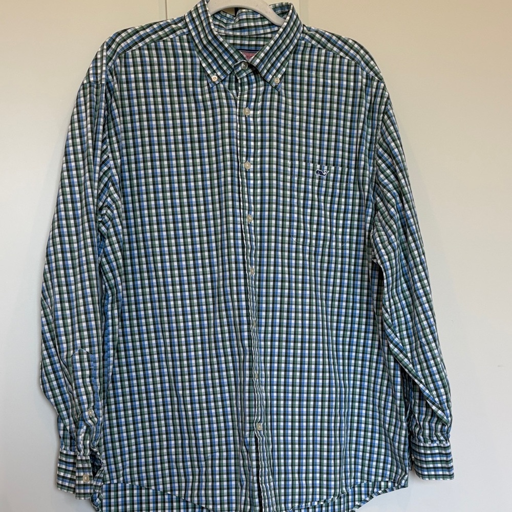 Vineyard Vines Green and Blue Plaid Button-Down Long Sleeve Shirt